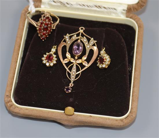 A pair of garnet and diamond earrings, a 9ct gold and garnet navette-shaped dress ring and an Edwardian pendant